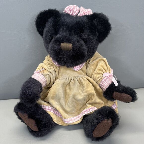 SKM Enterprises Black Teddy Bear Beige Corduroy Dress Plush Stuffed Toy Vintage - Picture 2 of 14